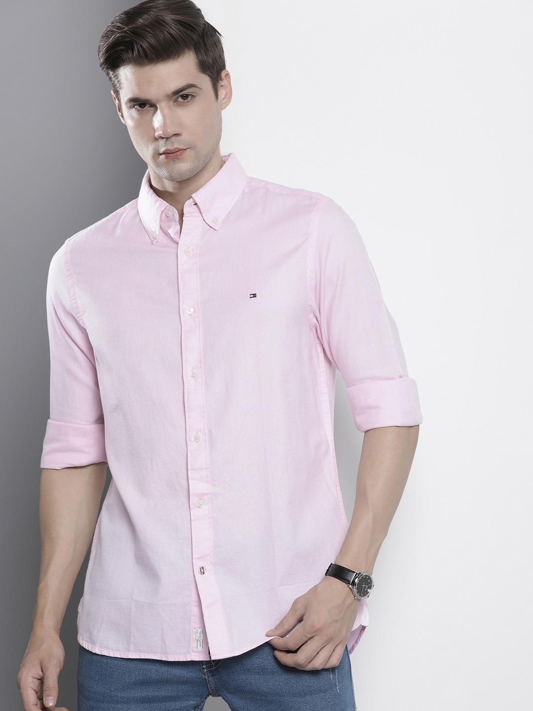 

Tommy Hilfiger Men Pure Cotton Slim Fit Dobby Opaque Casual Shirt, Pink