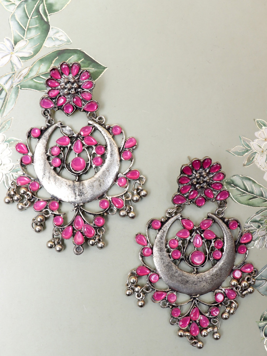 

Krelin Crescent Shaped Oxidised Kundan Drop Earrings, Silver