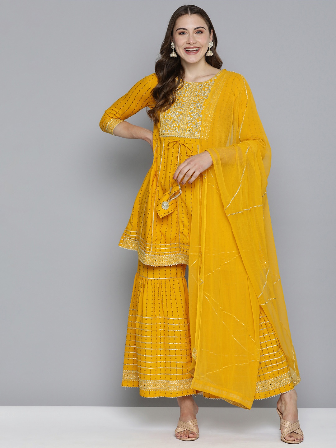 

HERE&NOW Gotta Patti Pure Cotton Kurta with Sharara & With Dupatta, Mustard