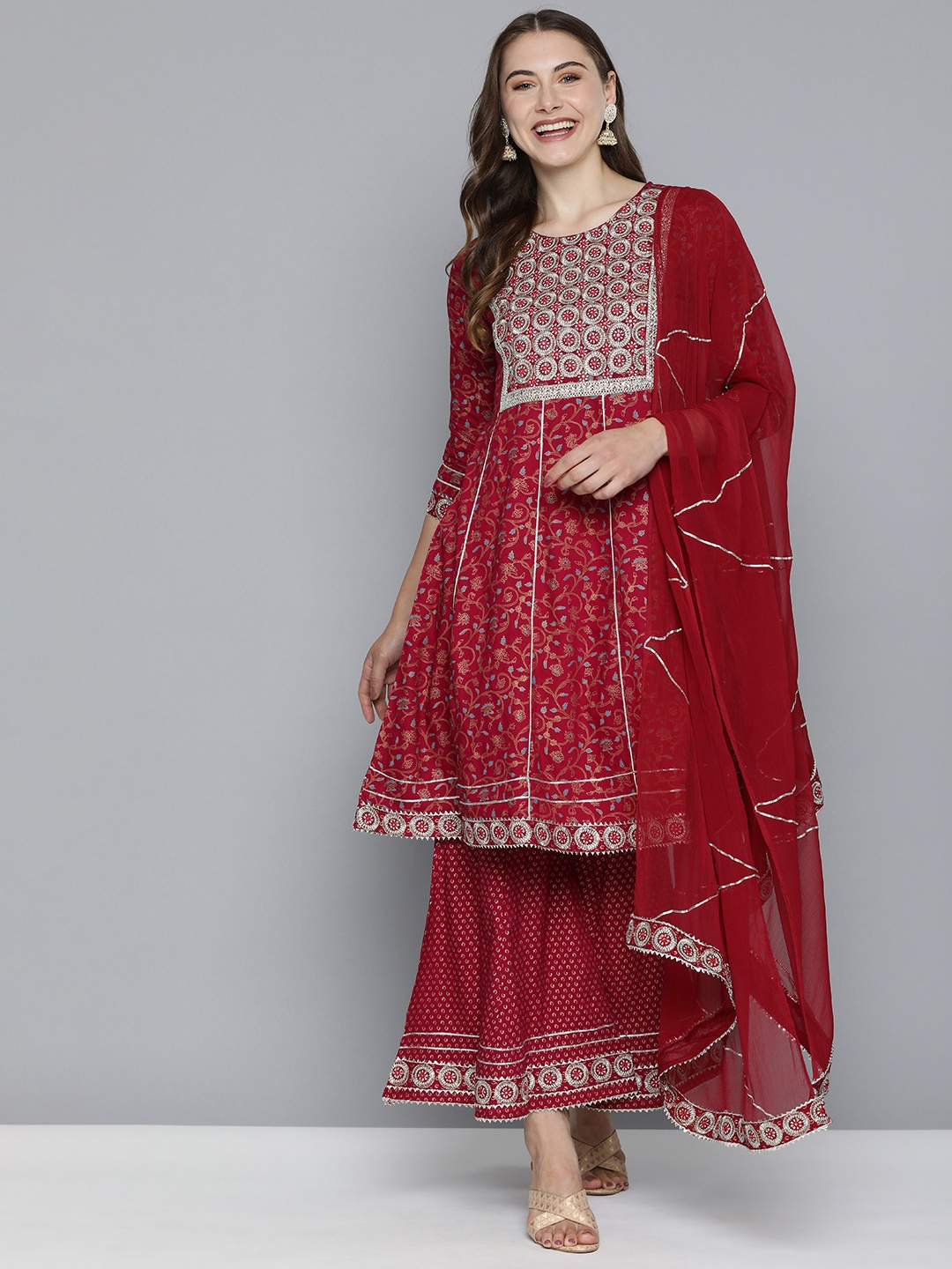 

HERE&NOW Women Embroidered Gotta Patti Pure Cotton Kurta With Sharara & With Dupatta, Maroon