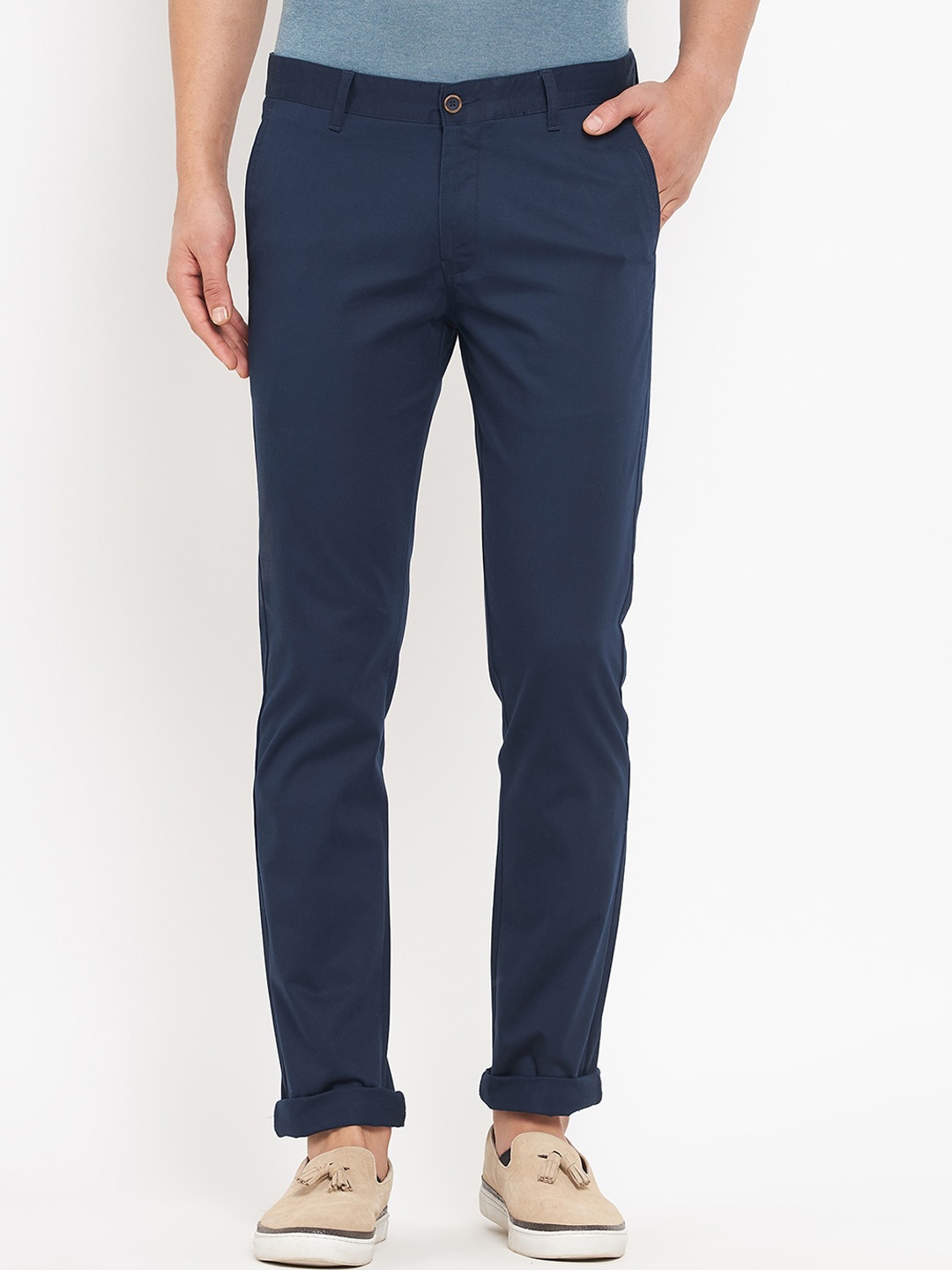 

Duke Men Mid-Rise Slim-Fit Cotton Chinos Trousers, Navy blue