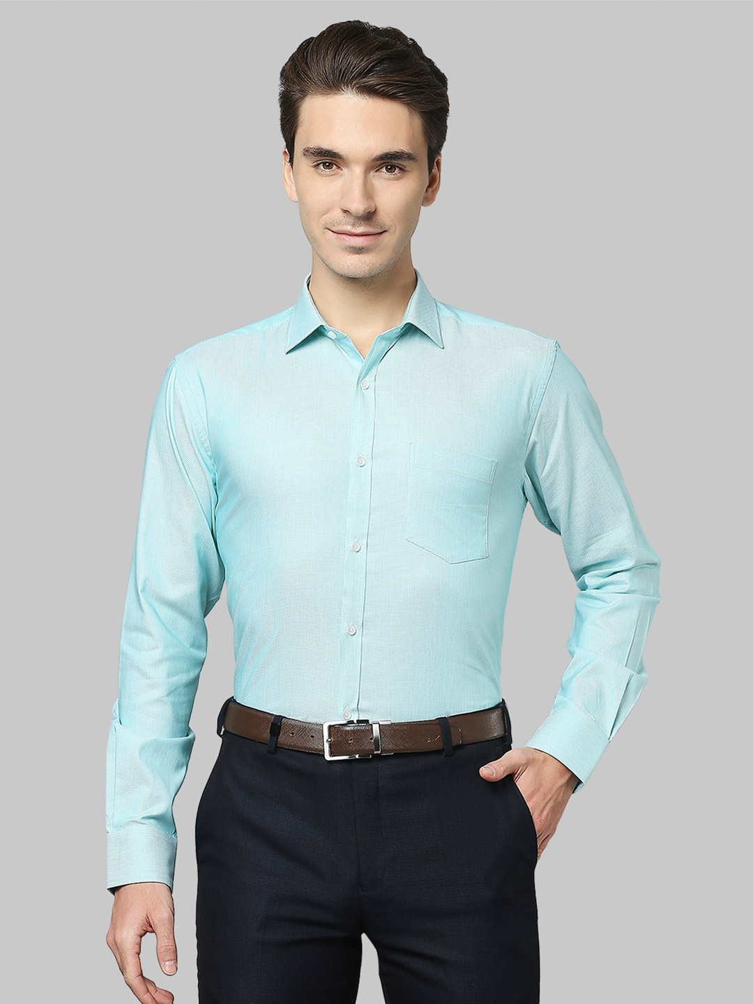 

Park Avenue Men Self Design Slim Fit Formal Cotton Shirt, Turquoise blue