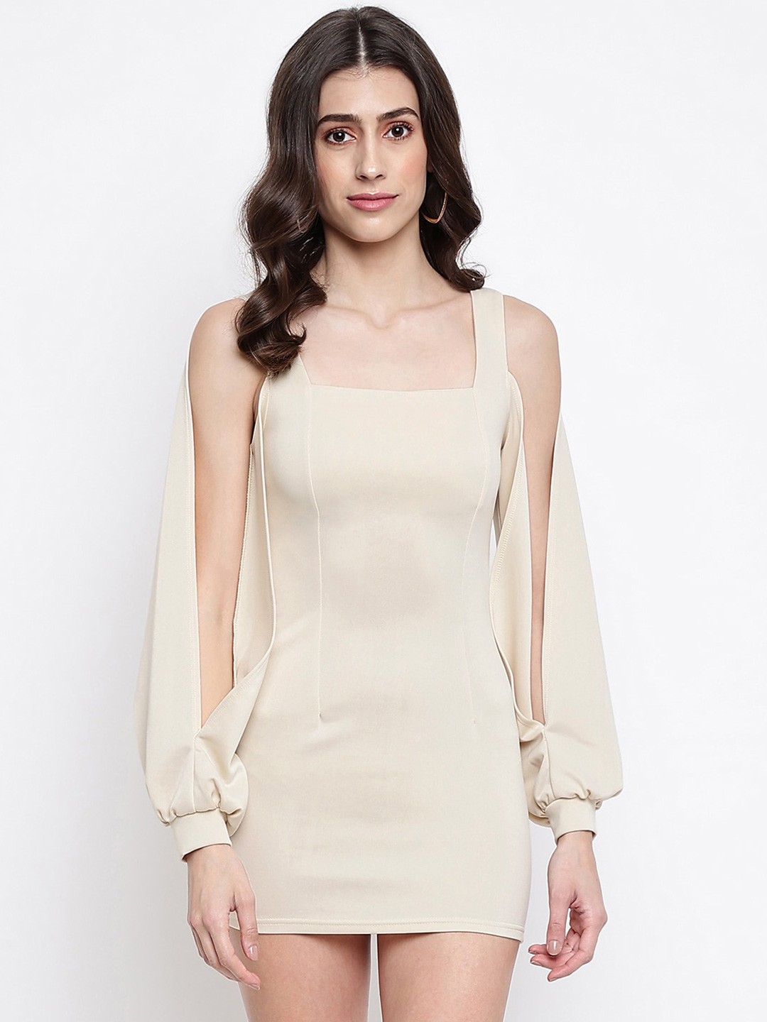 

iki chic Square Neck Scuba Bodycon Mini Dress, Beige