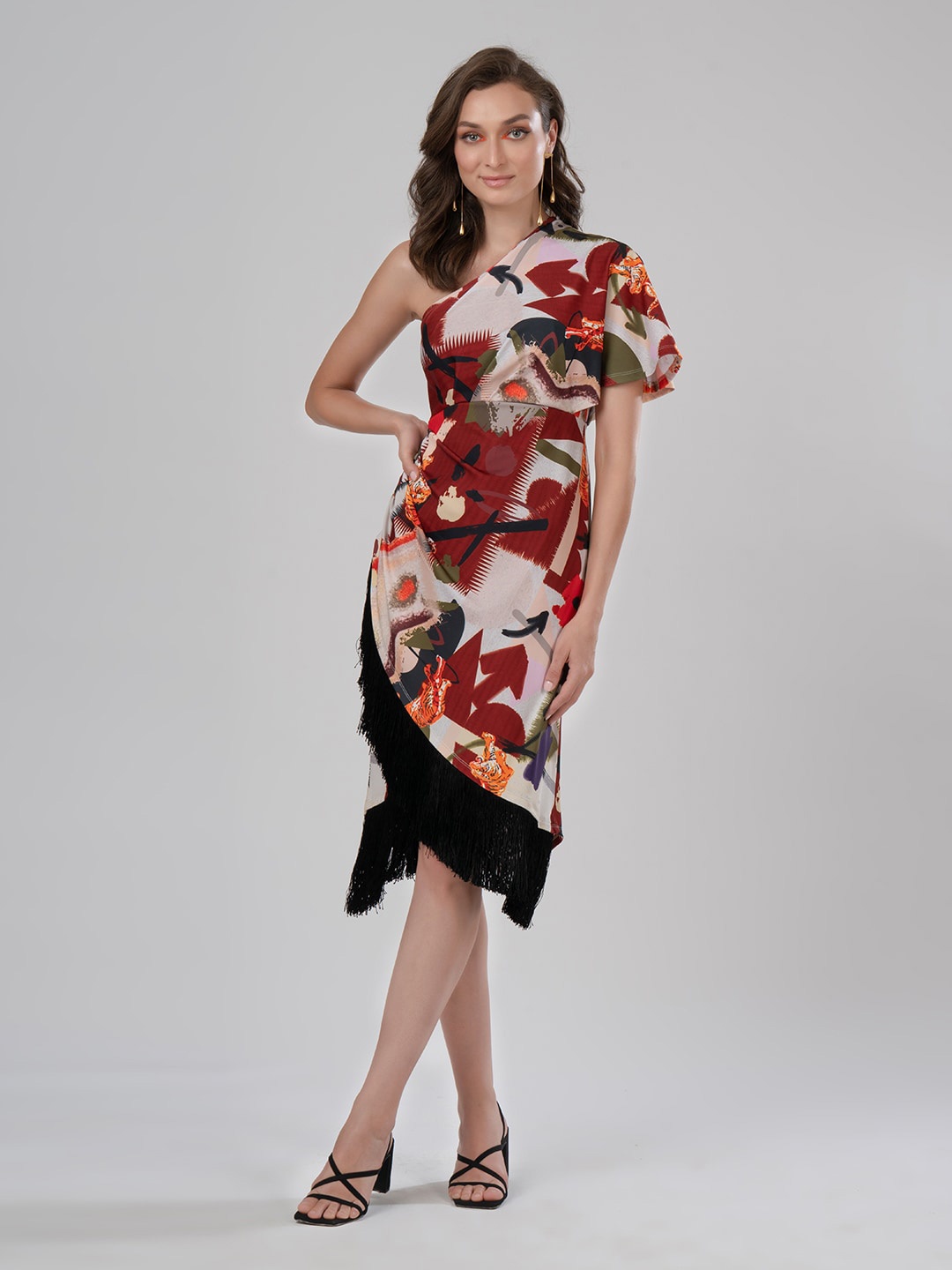 

iki chic Abstract Printed One Shoulder Sheath Dress, Cream