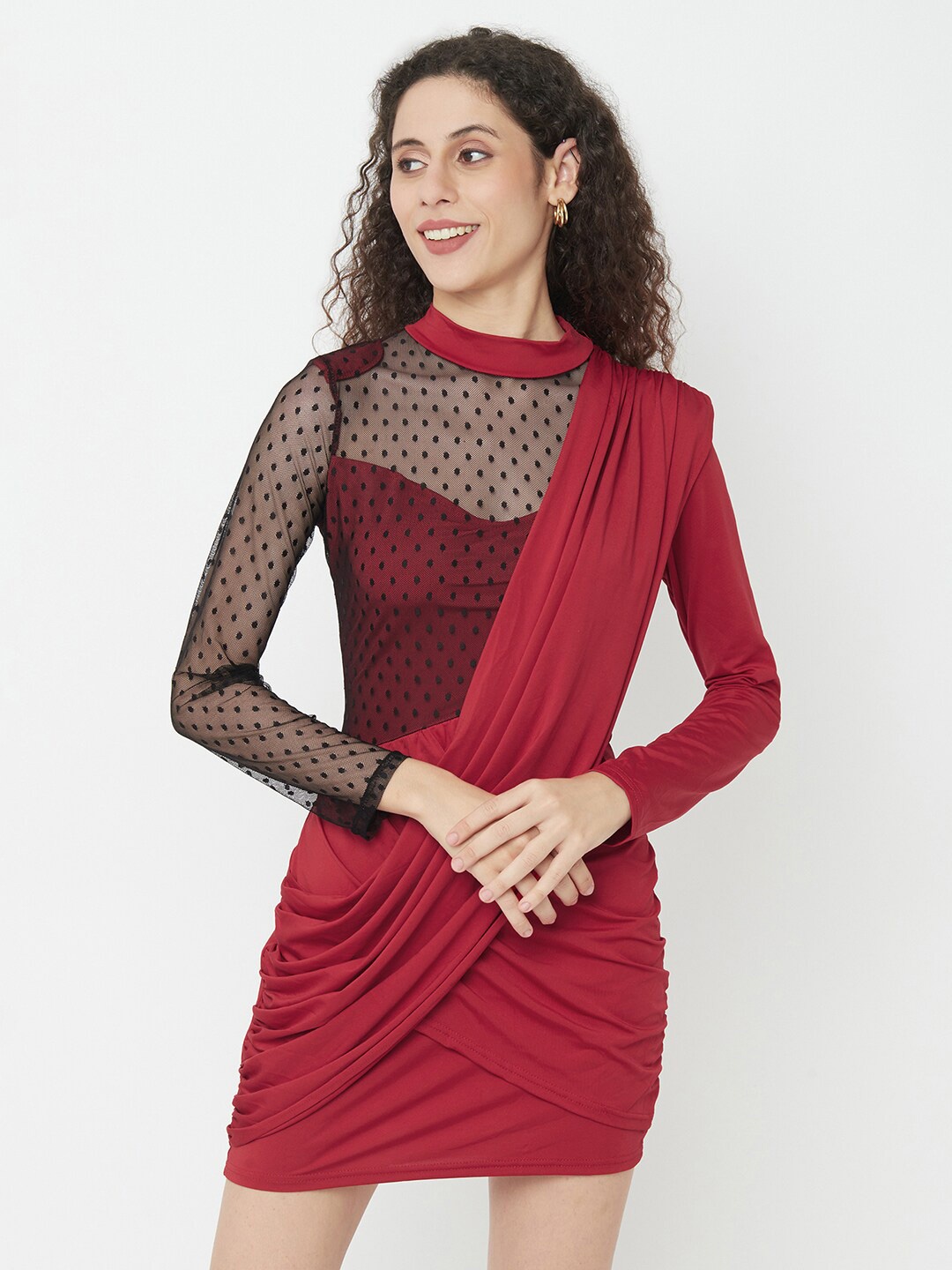 

iki chic Self design Turtleneck Ruched Bodycon Dress, Maroon