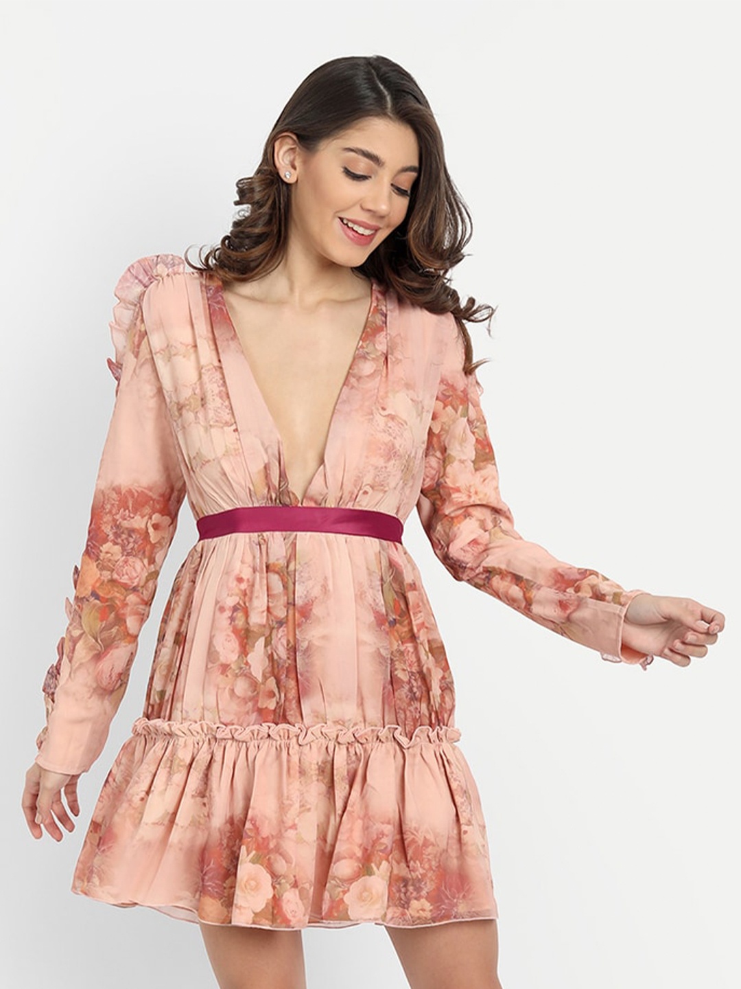 

iki chic Floral Fit & Flare Ruffled Tiered Dress, Pink