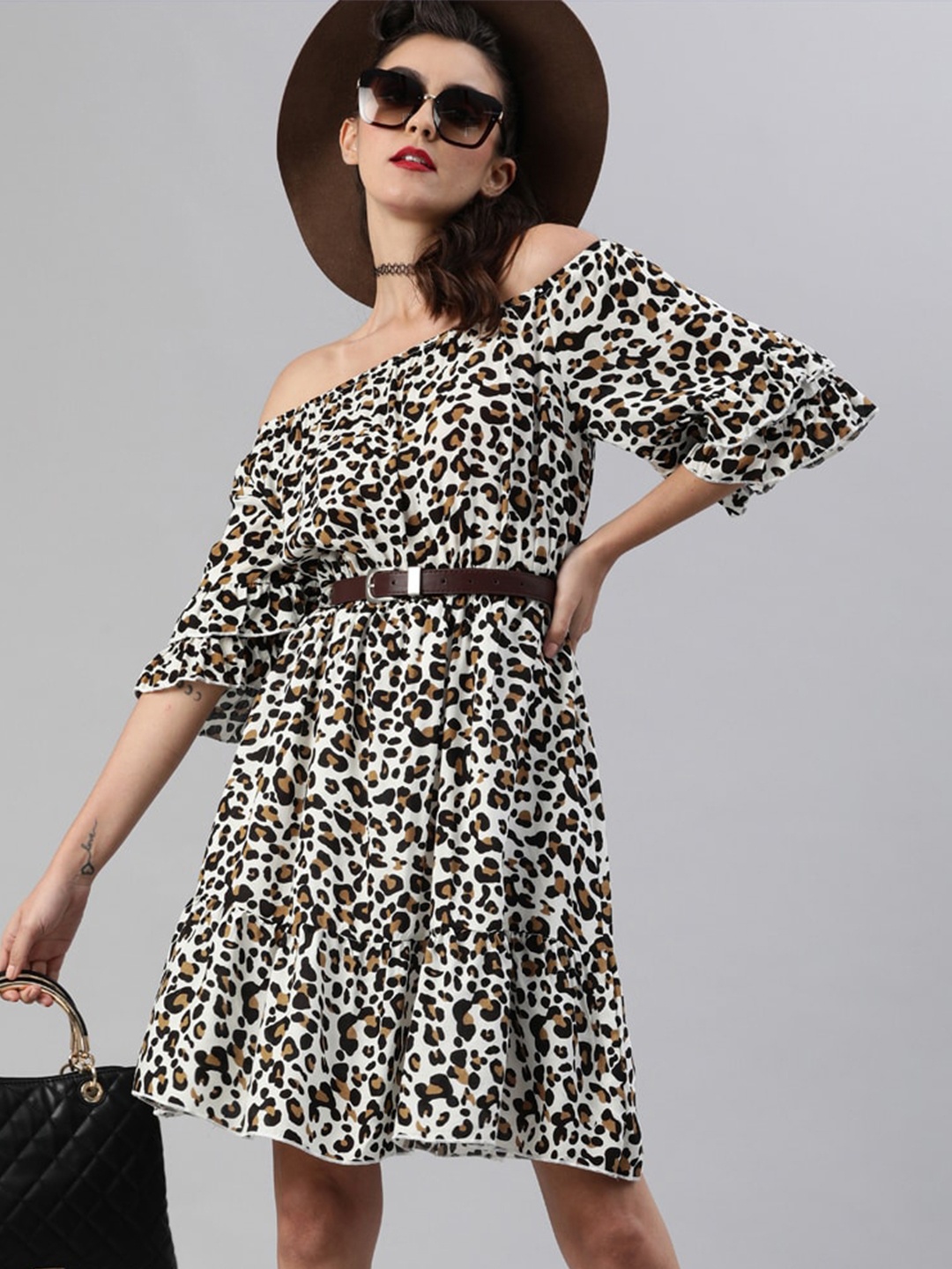 

iki chic Animal Printed Off-Shoulder Cotton Dress, White