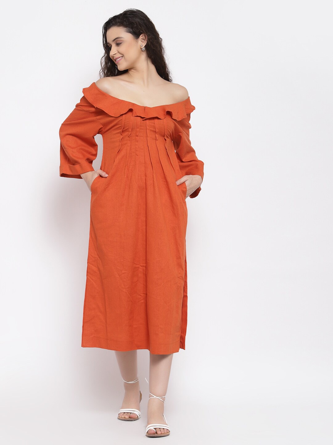 

iki chic Off-Shoulder Ruffles Detail Cotton A-Line Midi Dress, Orange