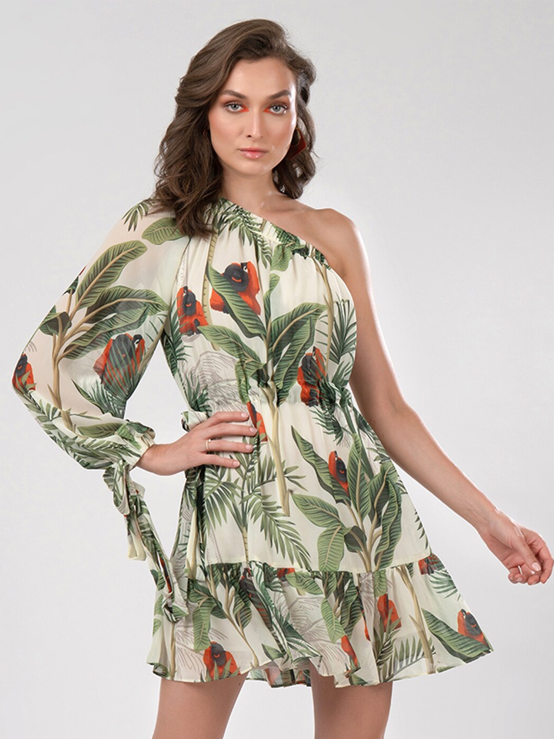 

iki chic Tropical Printed One Shoulder A-Line Dress, Green
