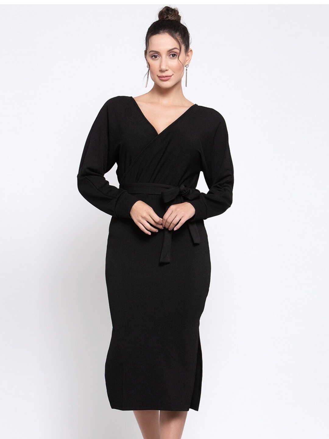 

iki chic V-Neck Midi Wool Wrap Dress With Belt, Black