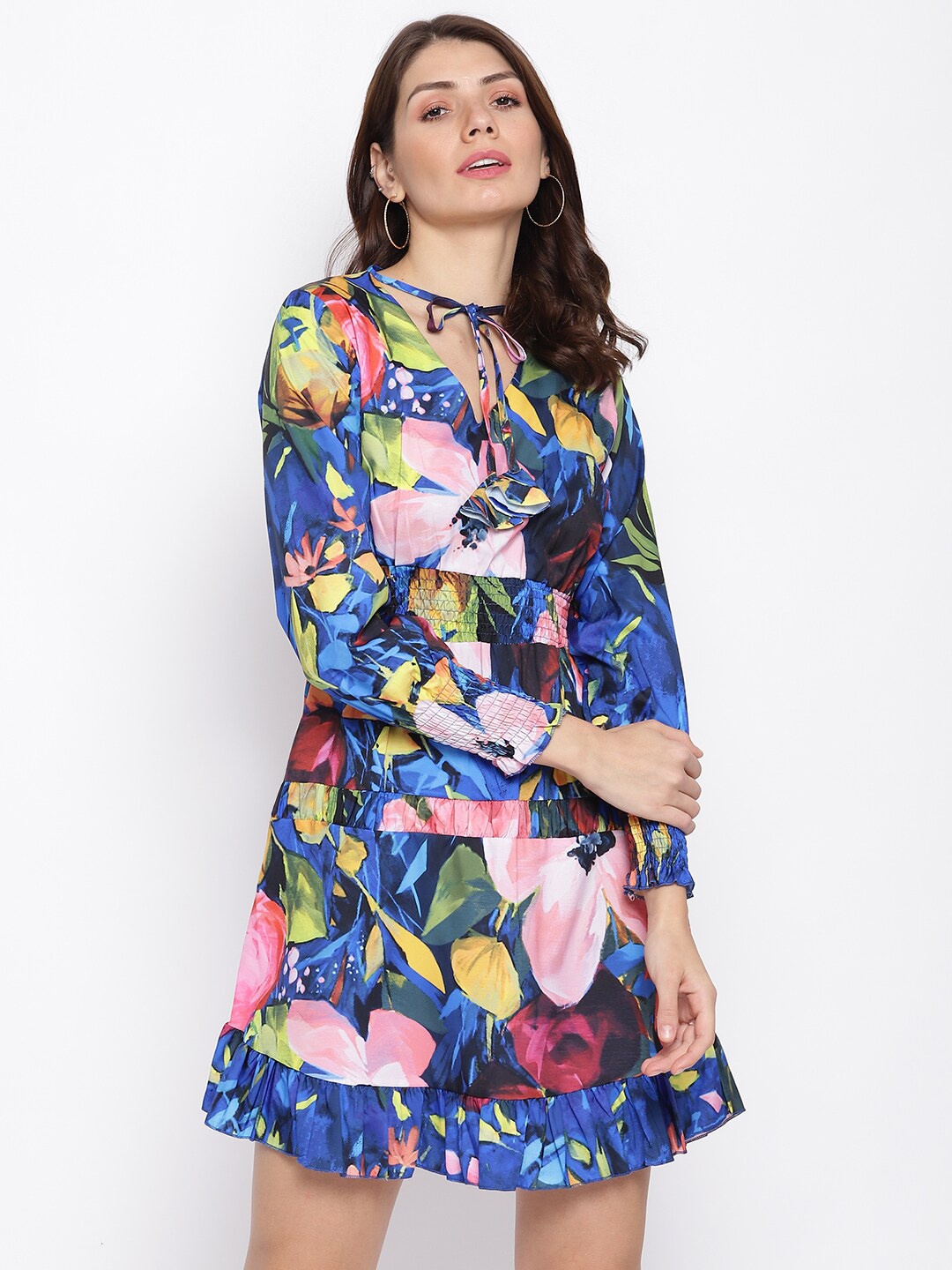 

iki chic Floral Printed Cuff Sleeve A-Line Dress, Blue
