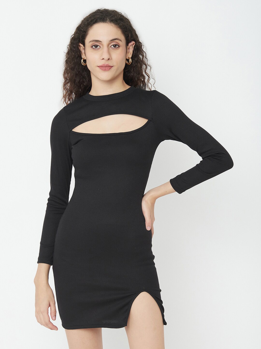 

iki chic Round Neck Cut-Outs Bodycon Mini Dress, Black
