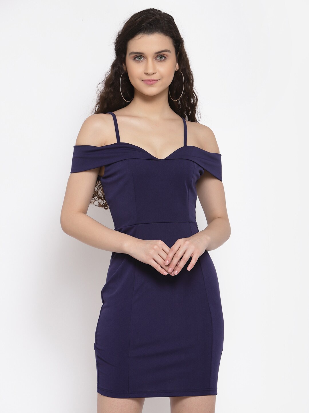 

iki chic Cold Shoulder Sleeves Georgette Bodycon Dress, Navy blue