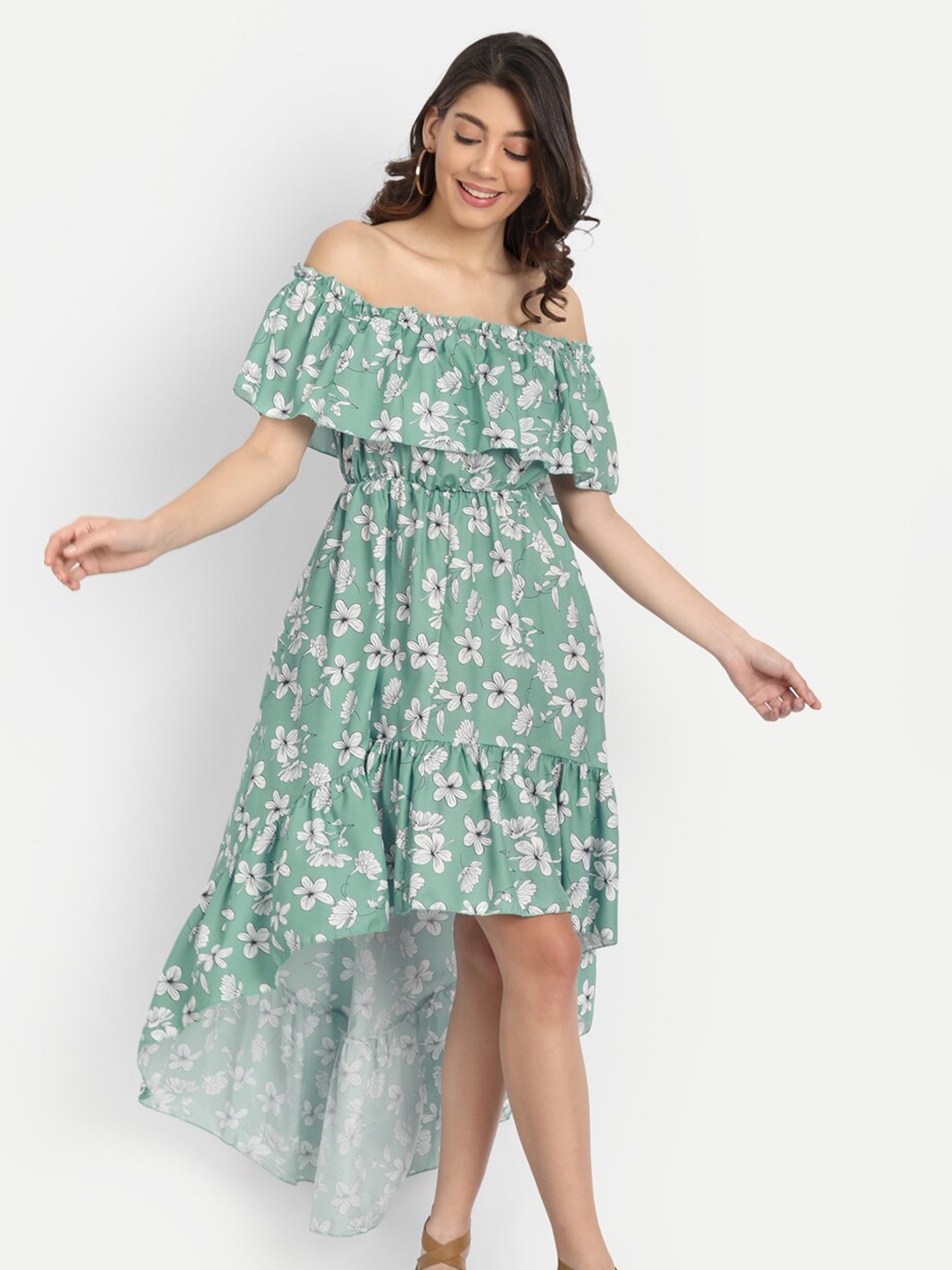 

iki chic Floral Off-Shoulder High- Low Hem Cotton Dress, Green