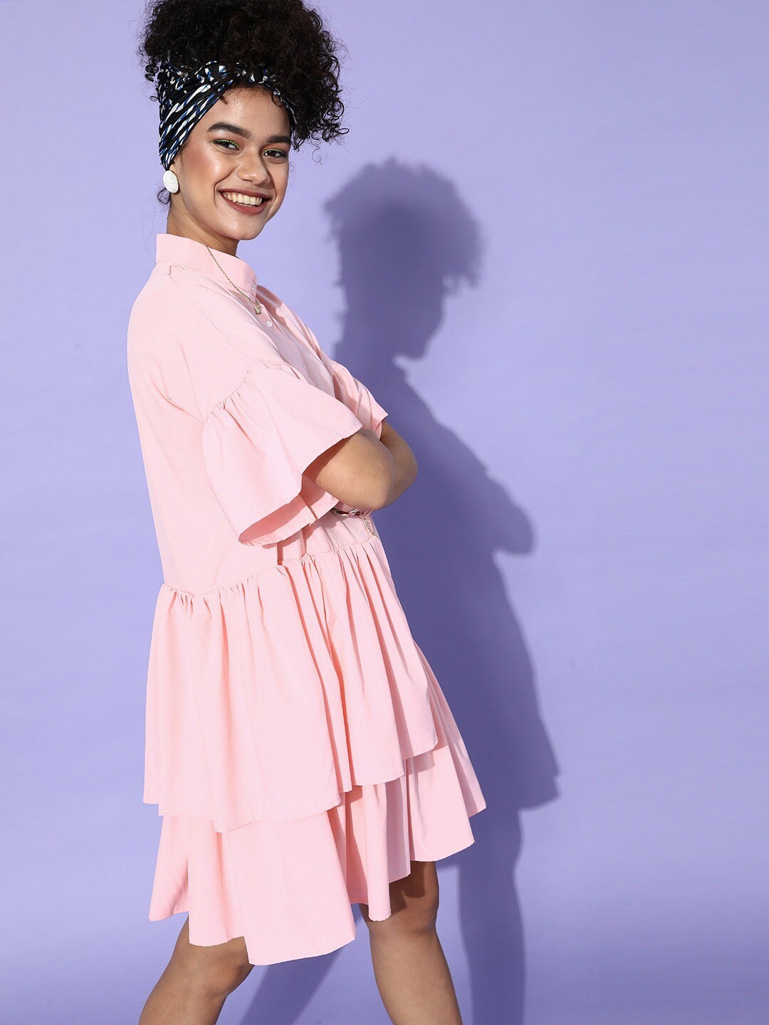 

iki chic Mandarin Collar A-Line Dress, Pink