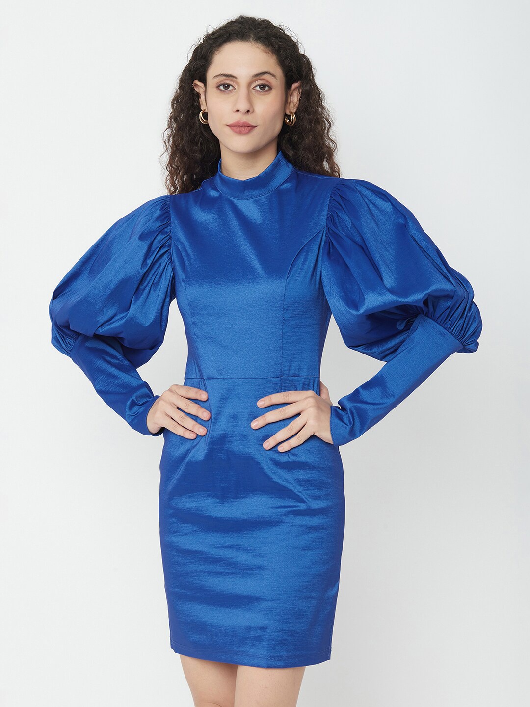 

iki chic High Neck Puff Sleeves Sheath Mini Dress, Blue
