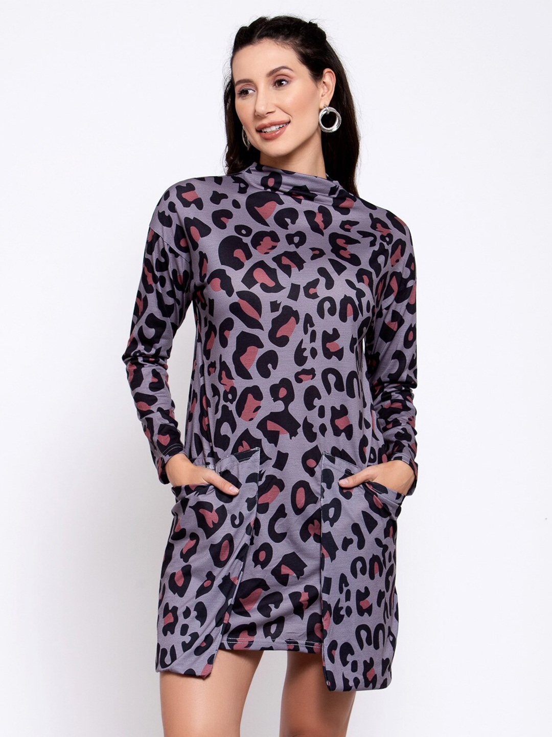 

iki chic Animal Printed Pocket Detail A-Line Dress, Grey