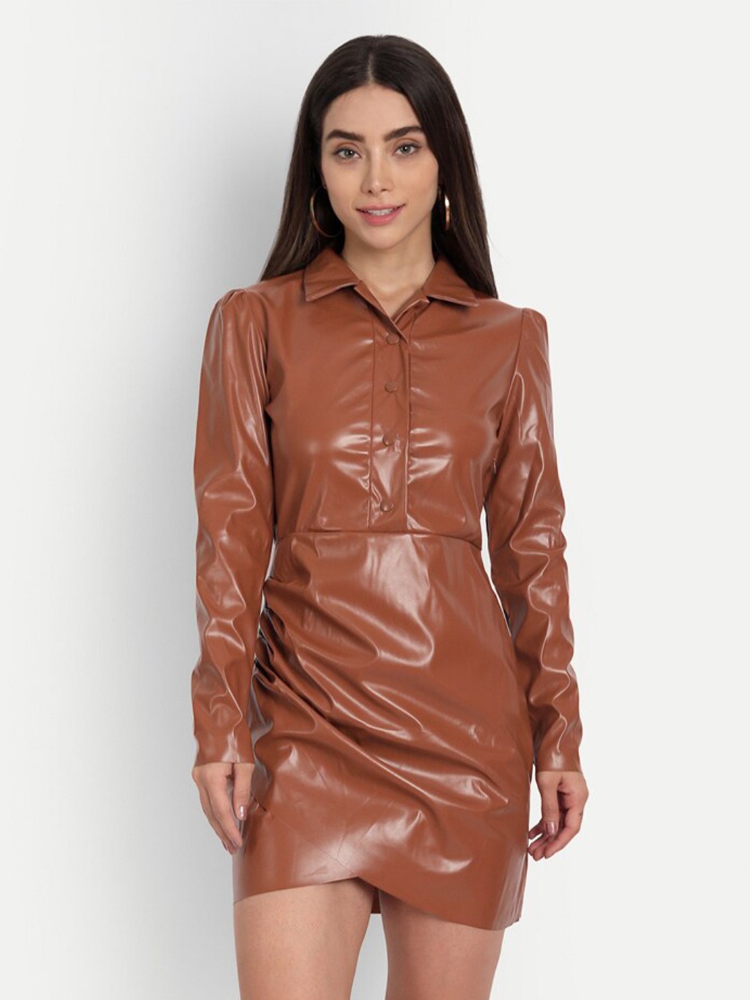 

iki chic Shirt Collar Leather Shirt Mini Dress, Brown