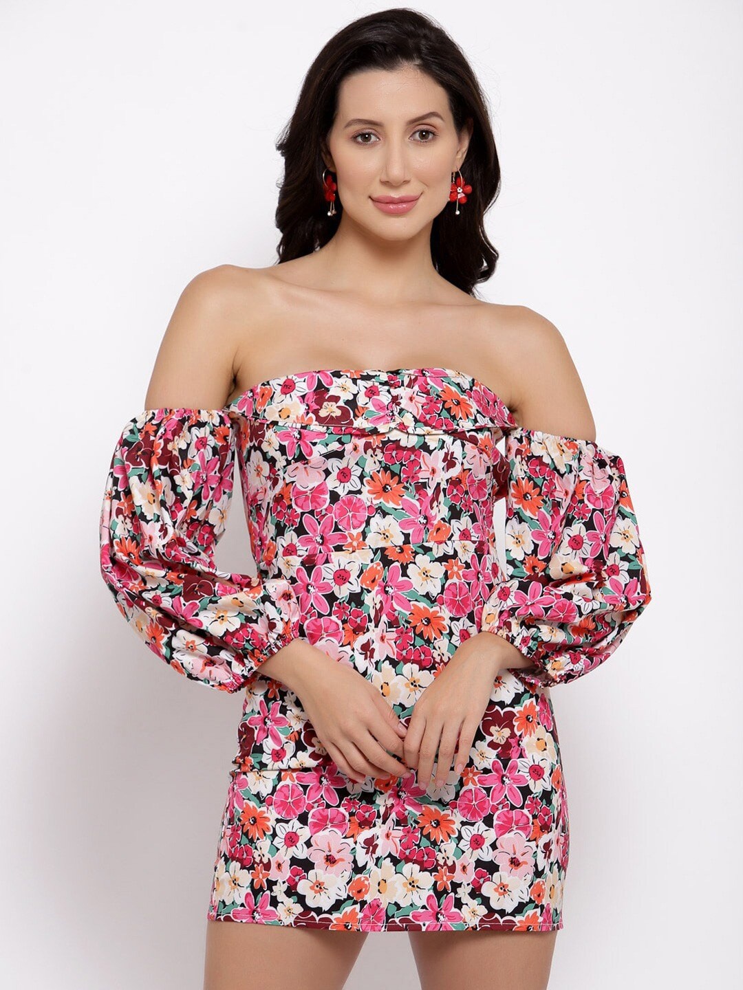 

iki chic Floral Printed Off-Shoulder Mini Bodycon Dress, Pink