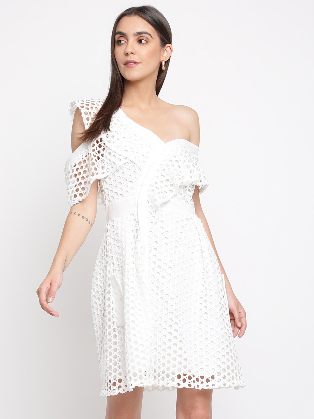 

iki chic Lace One Shoulder Pure Cotton A-Line Dress, White