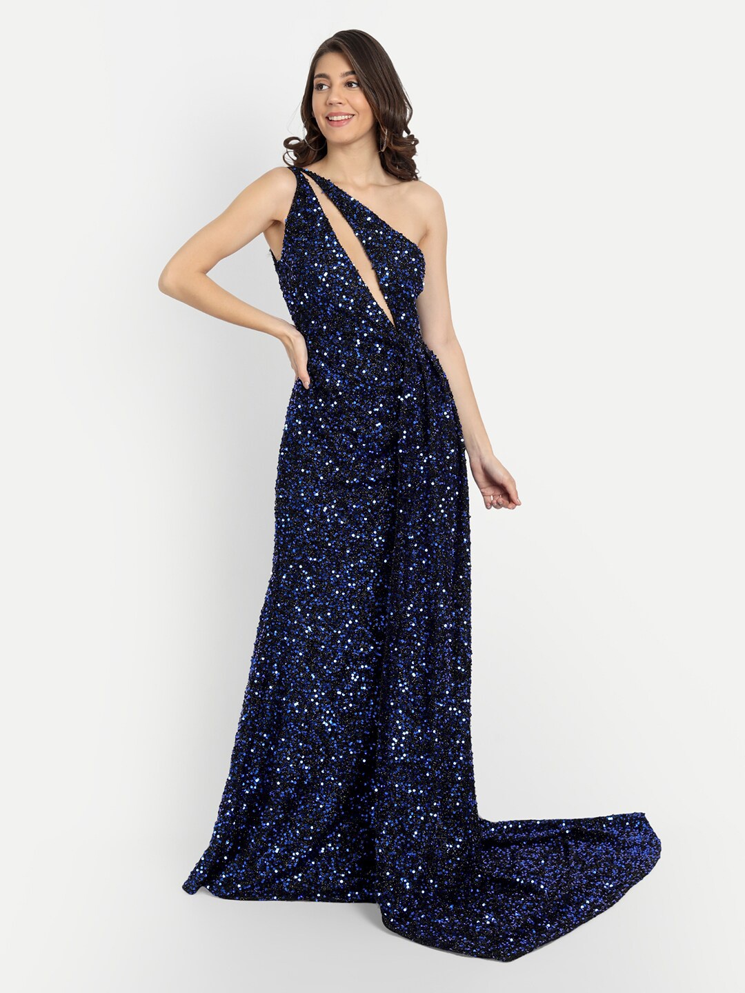 

iki chic One Shoulder Long Split Velvet Maxi Dress, Navy blue