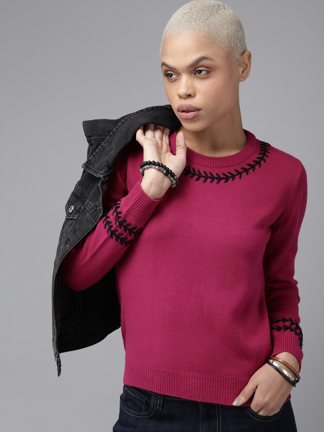 

Roadster Pullover with Embroidered Detail, Magenta