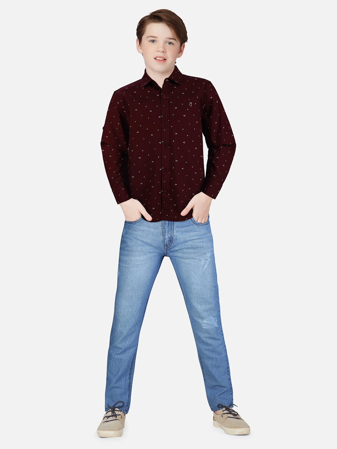 

Gini and Jony Boys Printed Casual Cotton Shirt, Maroon