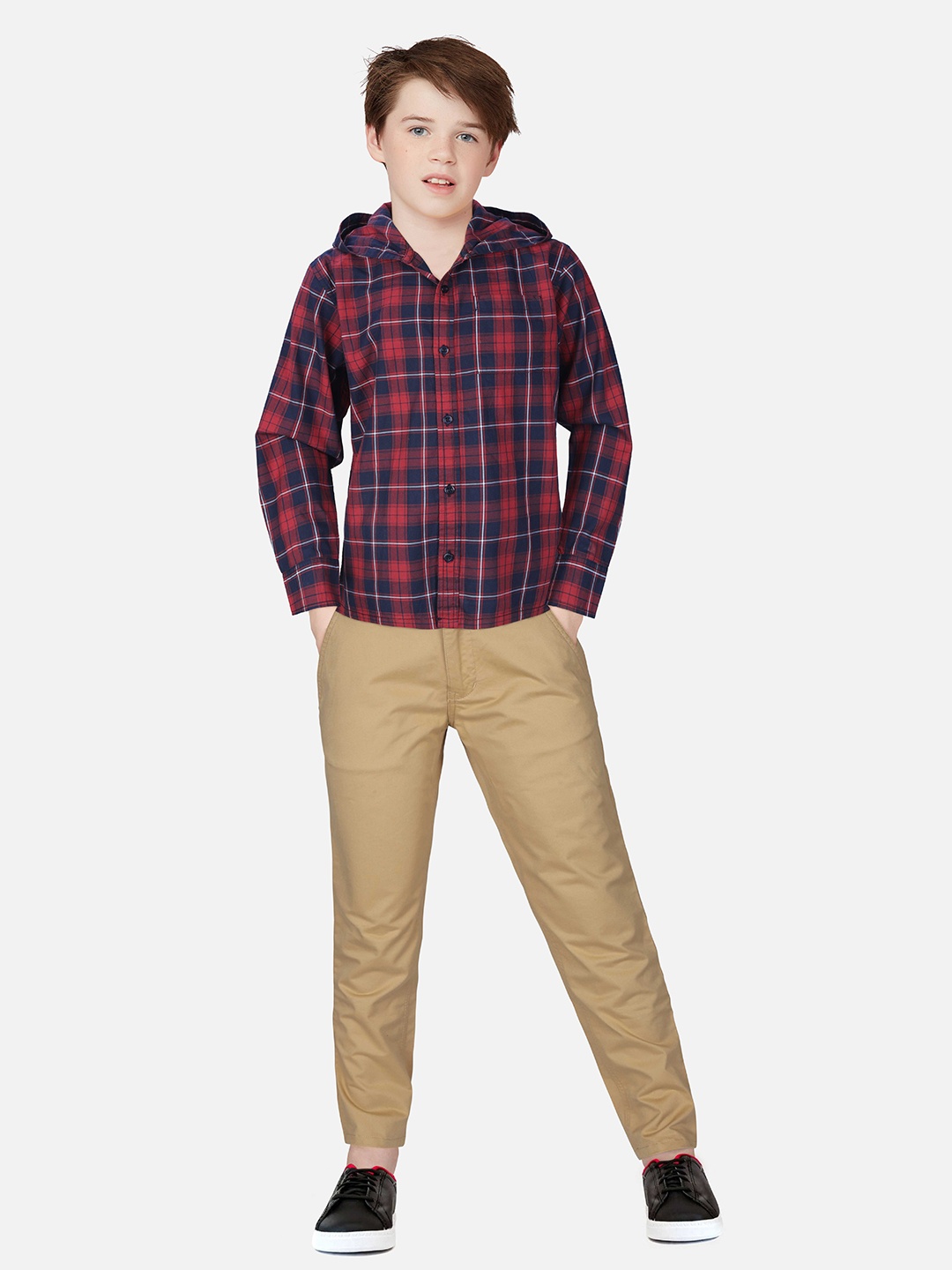 

Gini and Jony Boys Tartan Checks Checked Hooded Cotton Casual Shirt, Red