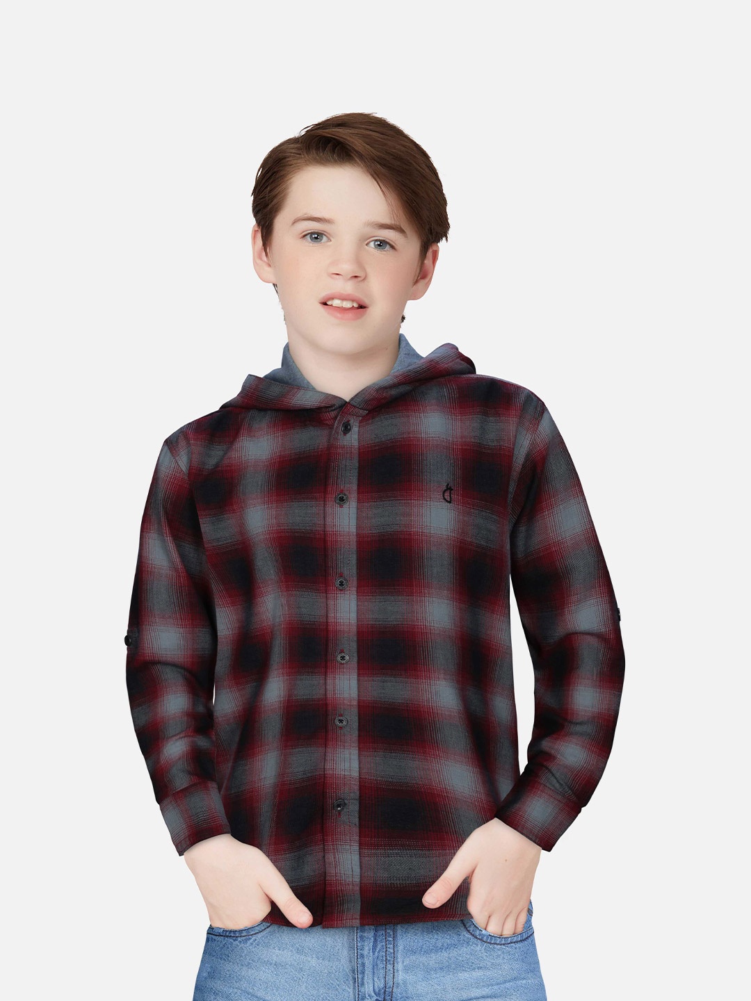 

Gini and Jony Boys Tartan Checks Hooded Casual Cotton Shirt, Black