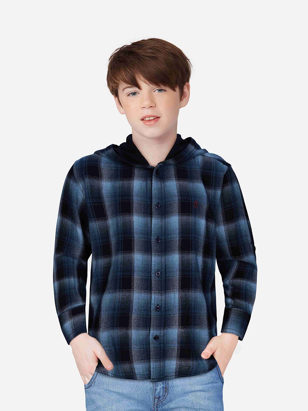 

Gini and Jony Boys Checked Cotton Hooded Casual Shirt, Navy blue