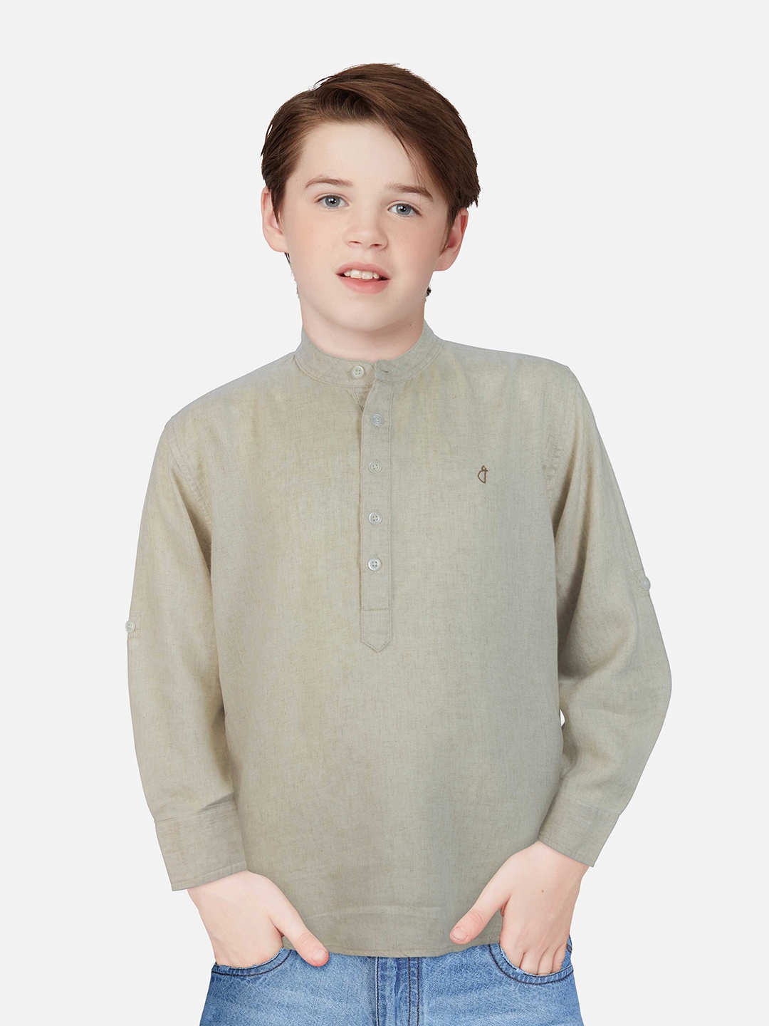 

Gini and Jony Boys Band Collar Casual Cotton Shirt, Beige
