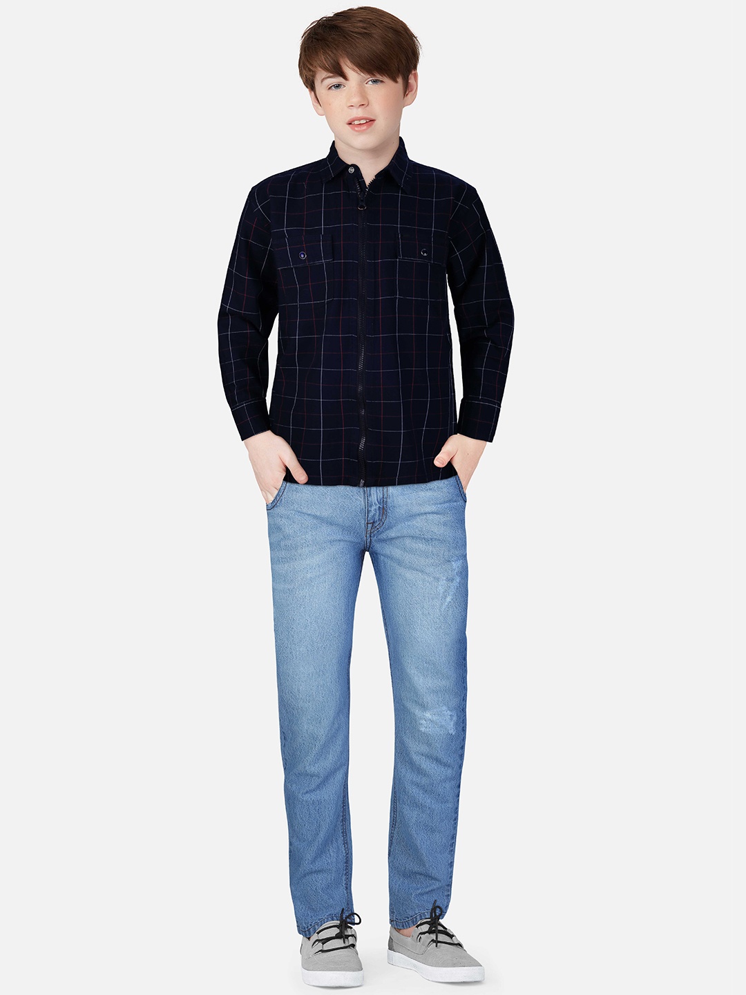 

Gini and Jony Boys Windowpane Checked Casual Cotton Shirt, Navy blue