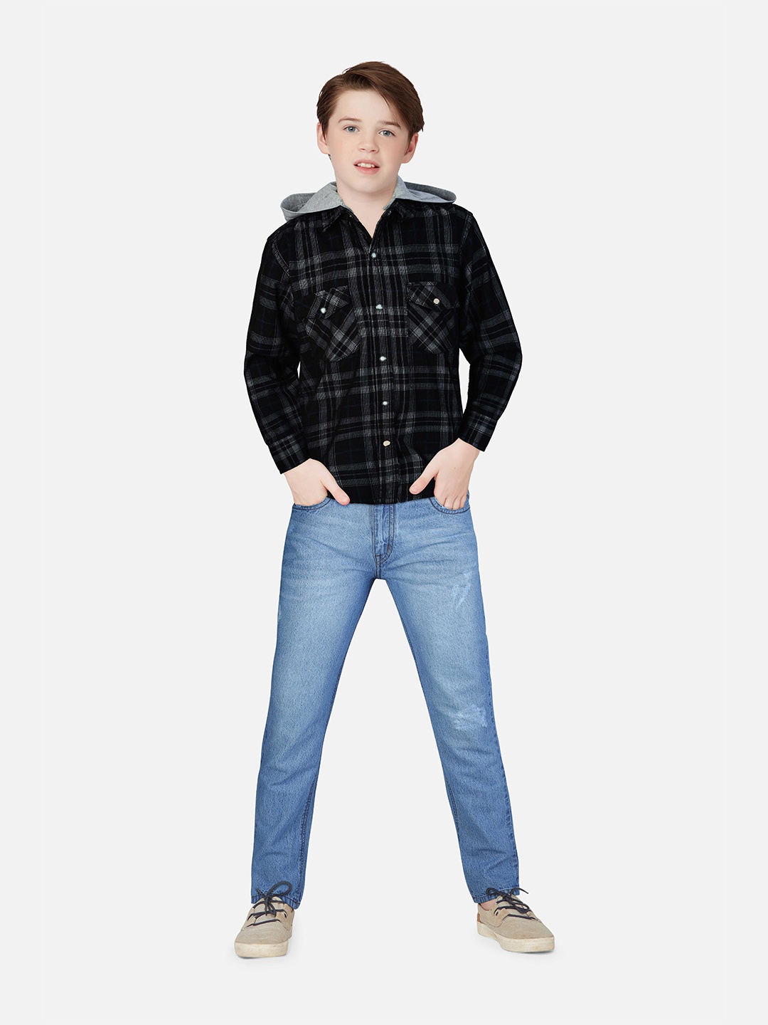

Gini and Jony Boys Tartan Checked Hooded Casual Cotton Shirt, Black