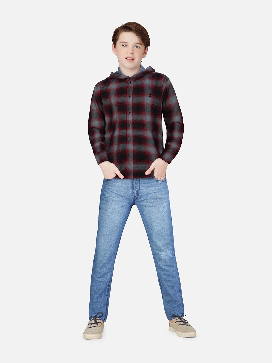 

Gini and Jony Boys Tartan Checked Hooded Casual Cotton Shirt, Maroon