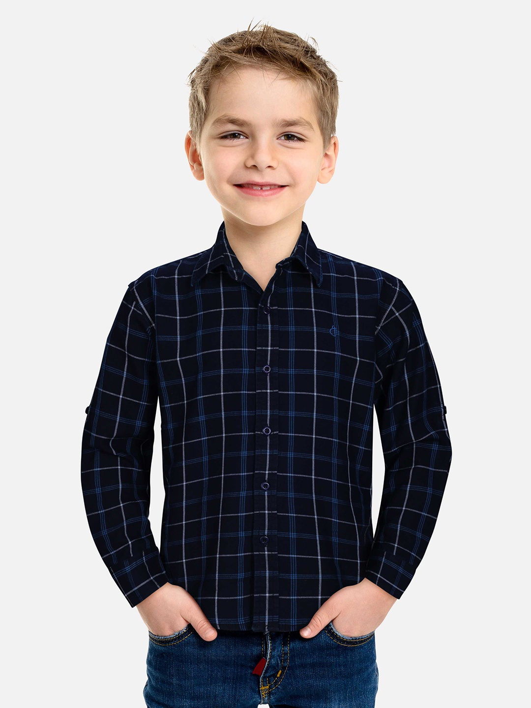 

Gini and Jony Boys Windowpane Checks Checked Cotton Casual Shirt, Navy blue