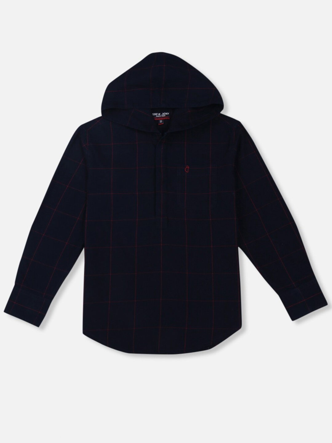 

Gini and Jony Boys Windowpane Checks Hooded Cotton Casual Shirt, Navy blue