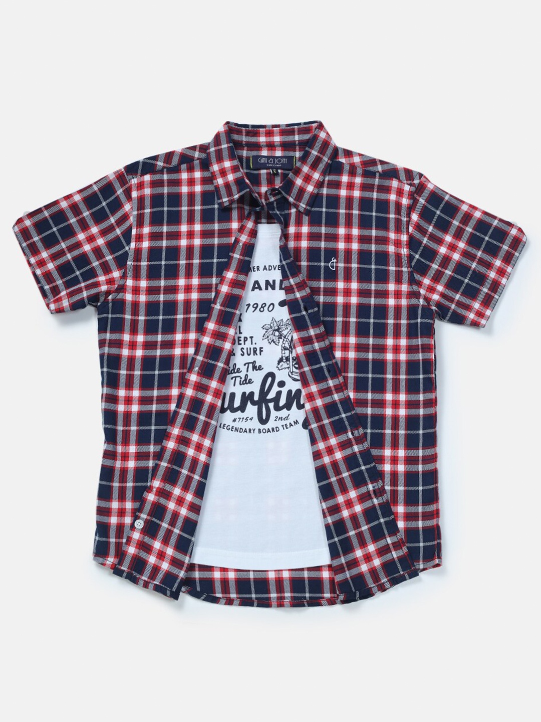

Gini and Jony Boys Tartan Checks Cotton Casual Shirt With T-shirt, Red