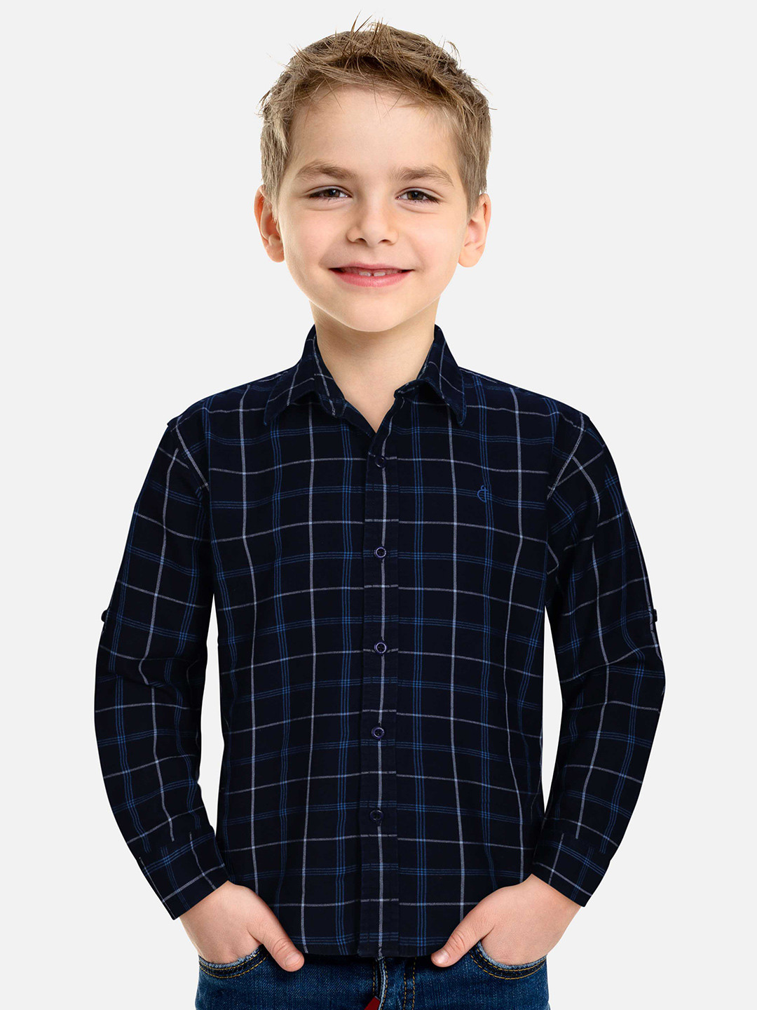

Gini and Jony Boys Windowpane Checks Cotton Casual Shirt, Navy blue