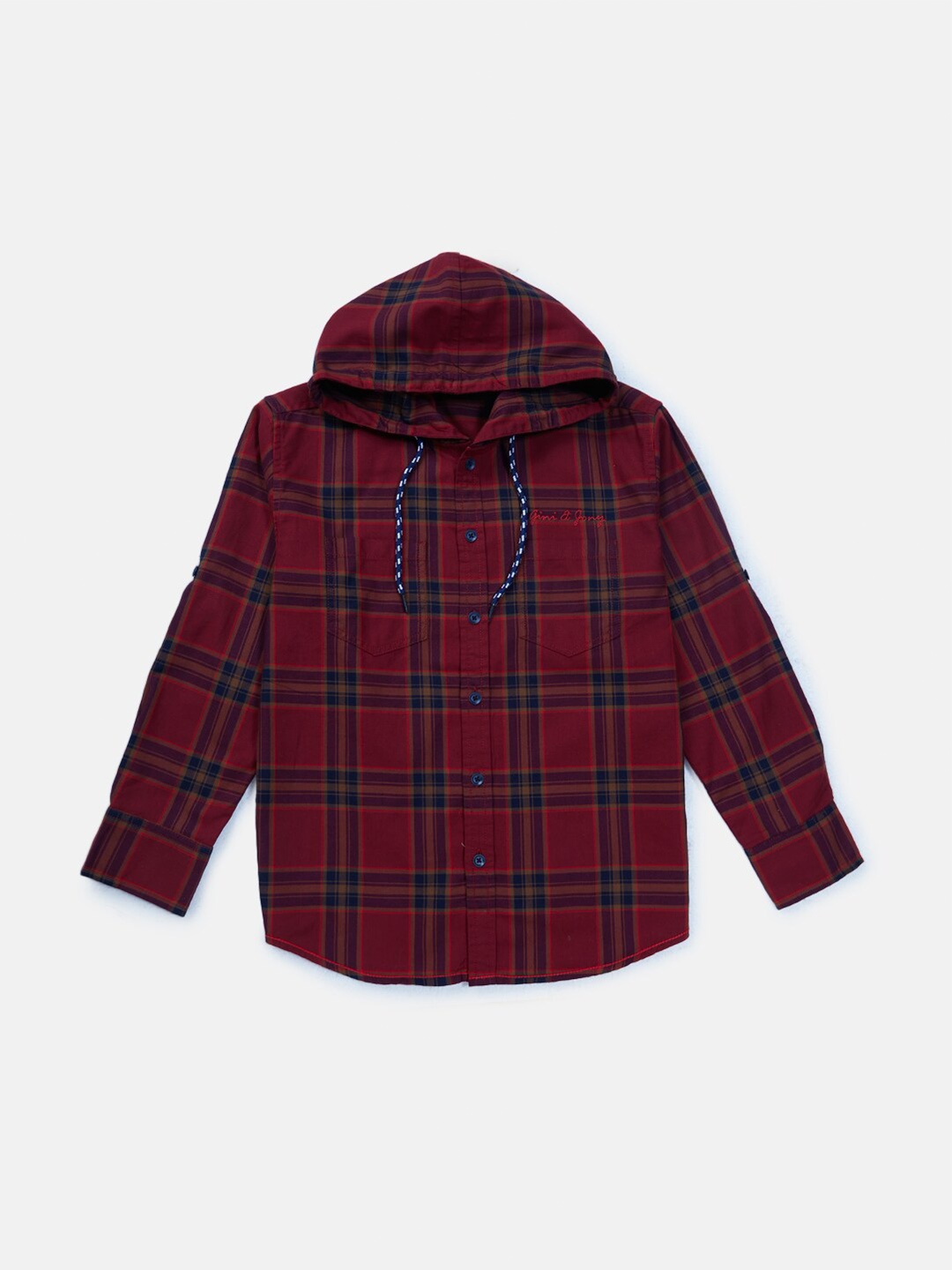 

Gini and Jony Boys Tartan Checked Hooded Cotton Casual Shirt, Red
