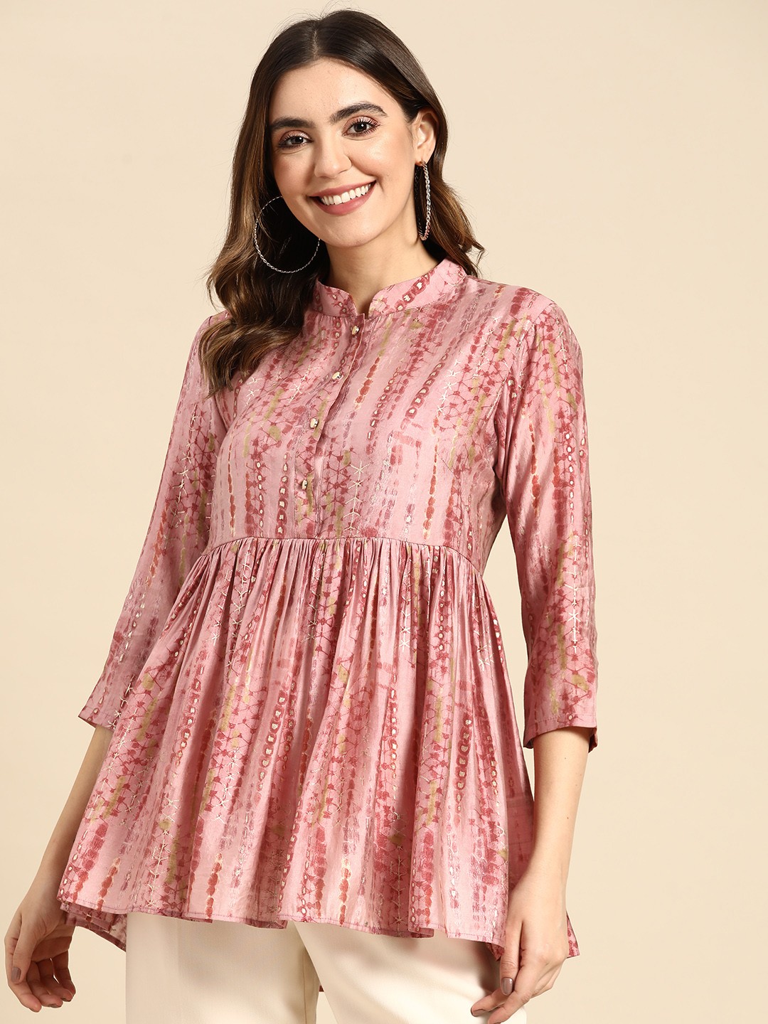 

Sangria Tie and Dye Foil Print Mandarin Collar Longline Top, Purple