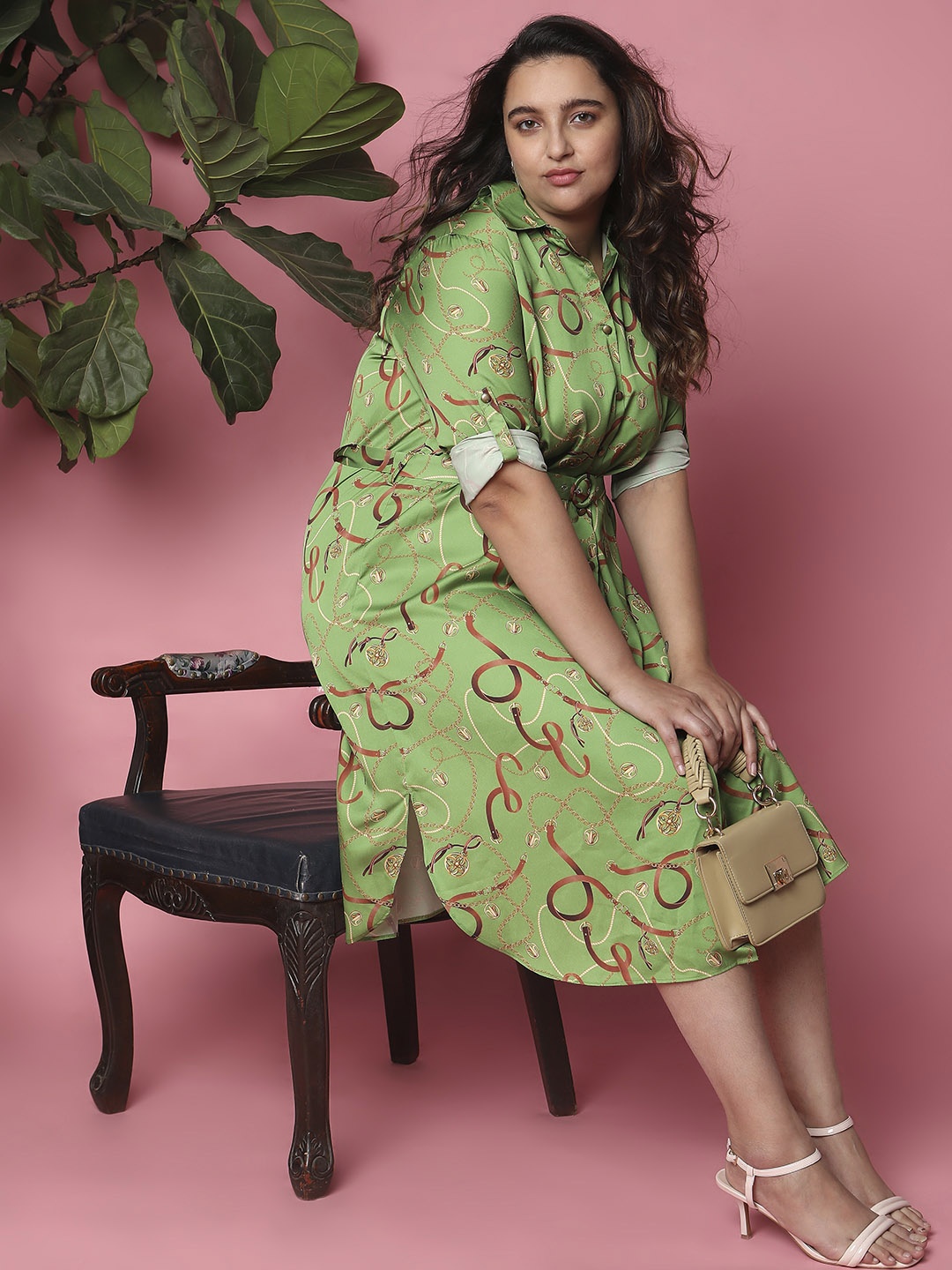 

VERO MODA CURVE Printed Roll Up sleeve Shirt Style Dress, Green