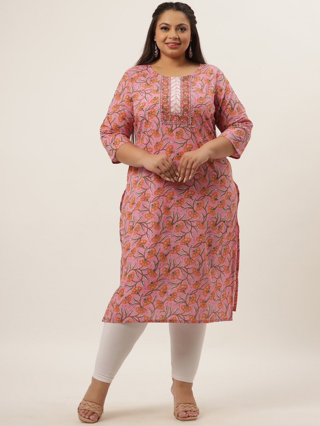

Yufta Women Plus Size Floral Printed Pure Cotton Kurta, Pink