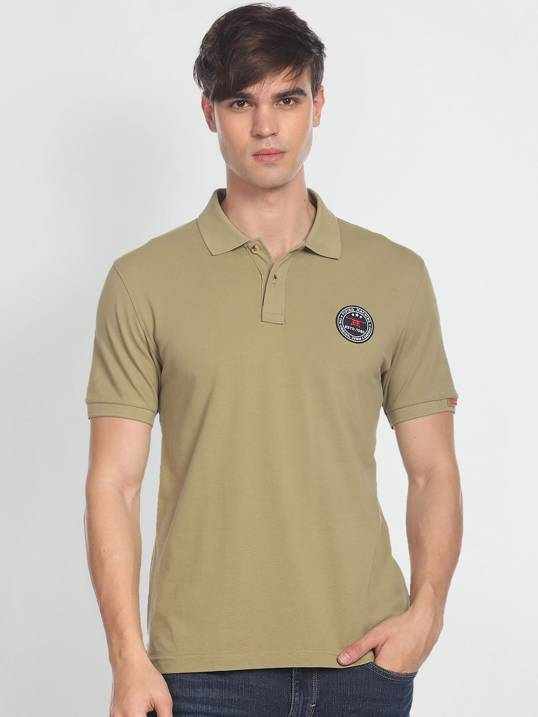 

Flying Machine Men Polo Collar Slim Fit Pure Cotton T-shirt, Olive