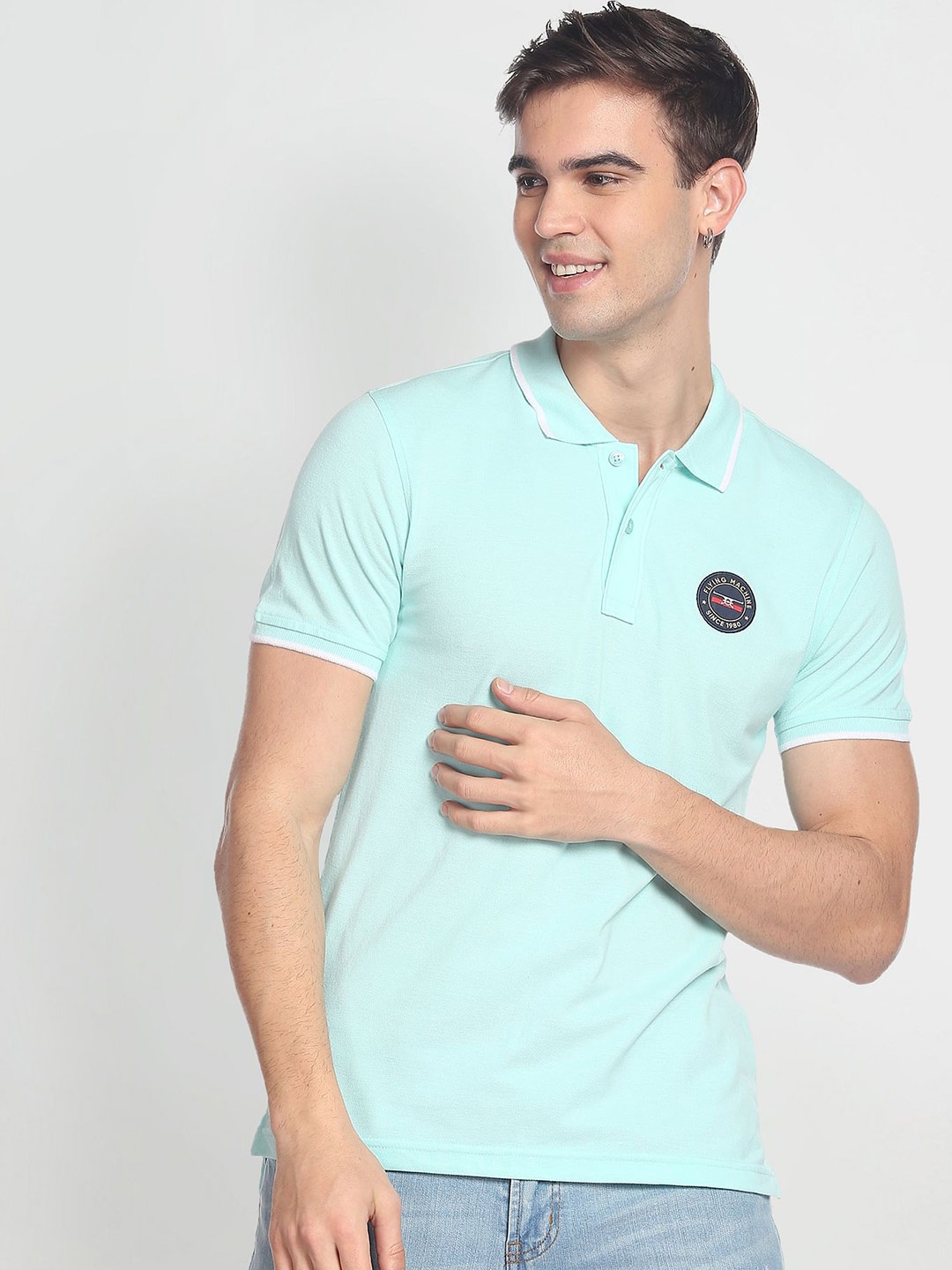 

Flying Machine Men Polo Collar Slim Fit T-shirt, Turquoise blue