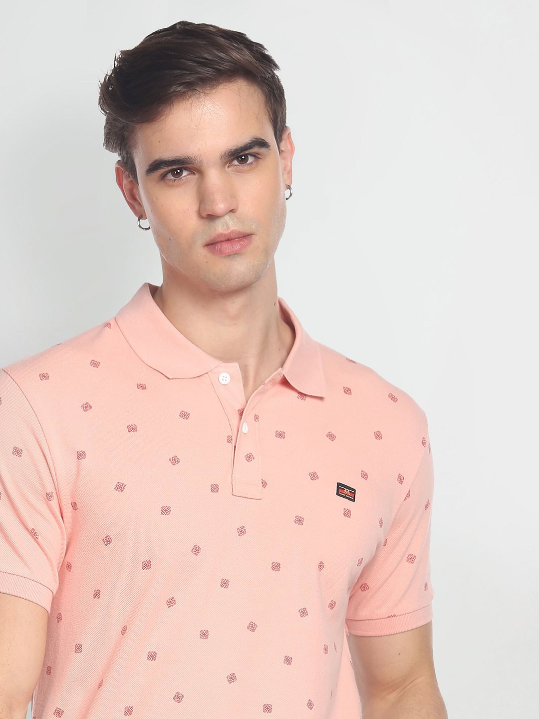 

Flying Machine All Over Motif Print Cotton Polo Shirt, Peach