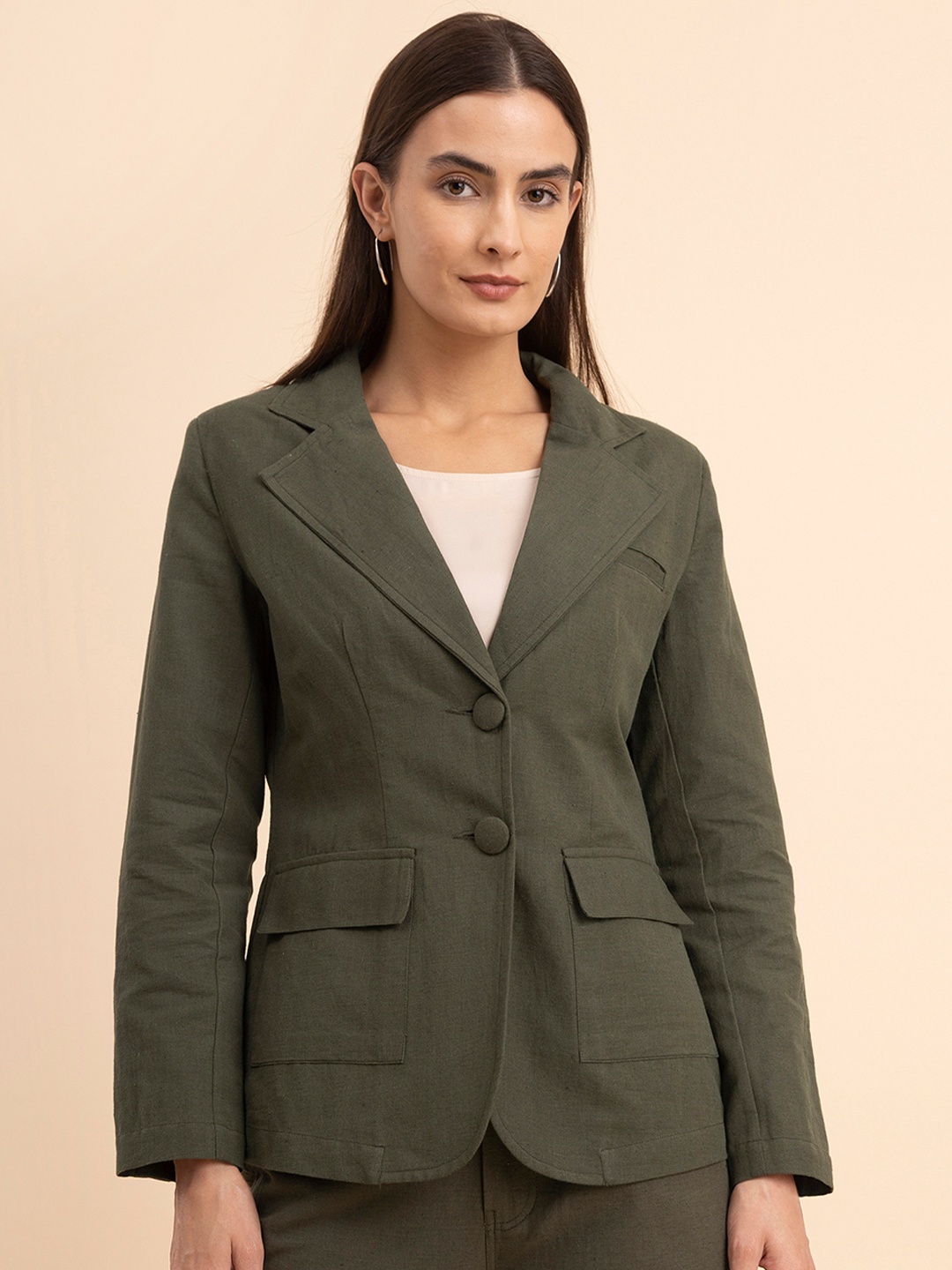 

FableStreet Women Single-Breasted Linen Formal Blazer, Olive