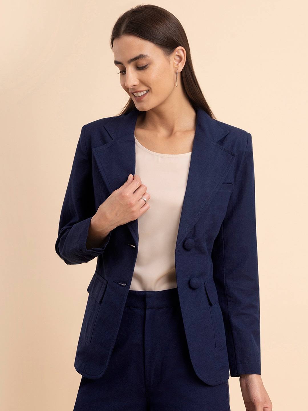 

FableStreet Women Single-Breasted Linen Blazer, Navy blue