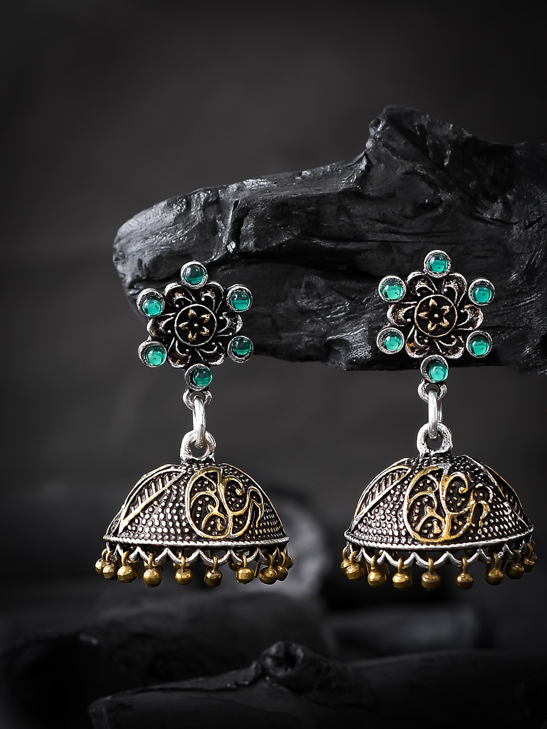 

Silvermerc Designs Silver-Plated Dome Shaped Jhumkas, Green