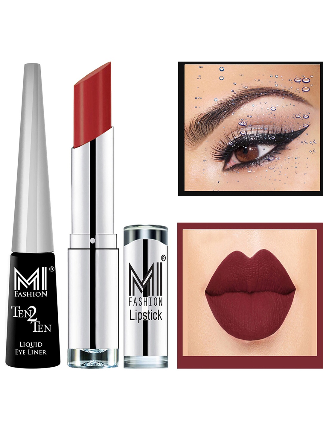 

MI FASHION Set of Ten2Ten Liquid Eyeliner - 01 & Creme Matte Lipstick - 02, Maroon