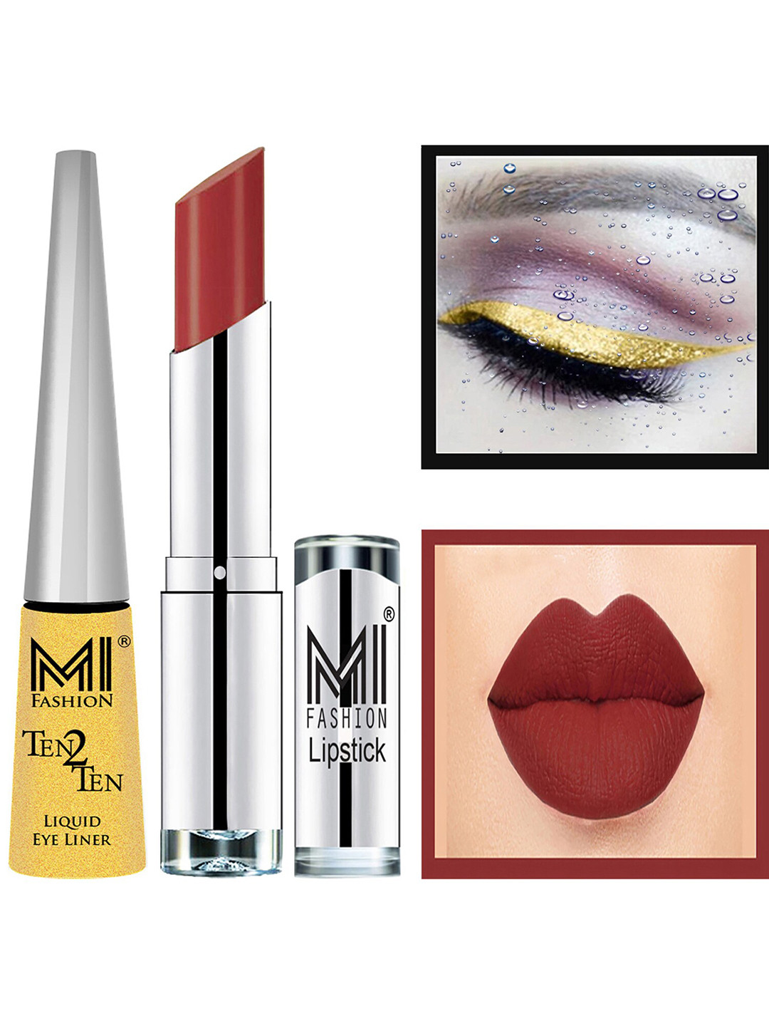 

MI FASHION Set of Ten2Ten Liquid Eyeliner - 02 & Creme Matte Lipstick - 20, Red